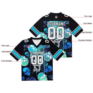 Camiseta de fútbol personalizada con nombre y número del equipo bordados y estampados-estilo grafiti con calavera -Azul claro