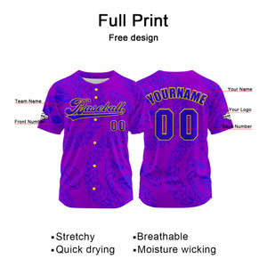 Camiseta de béisbol personalizada de color morado y azul con botones para hombre mujer adulto y joven Estampado de nombre número y logotipo