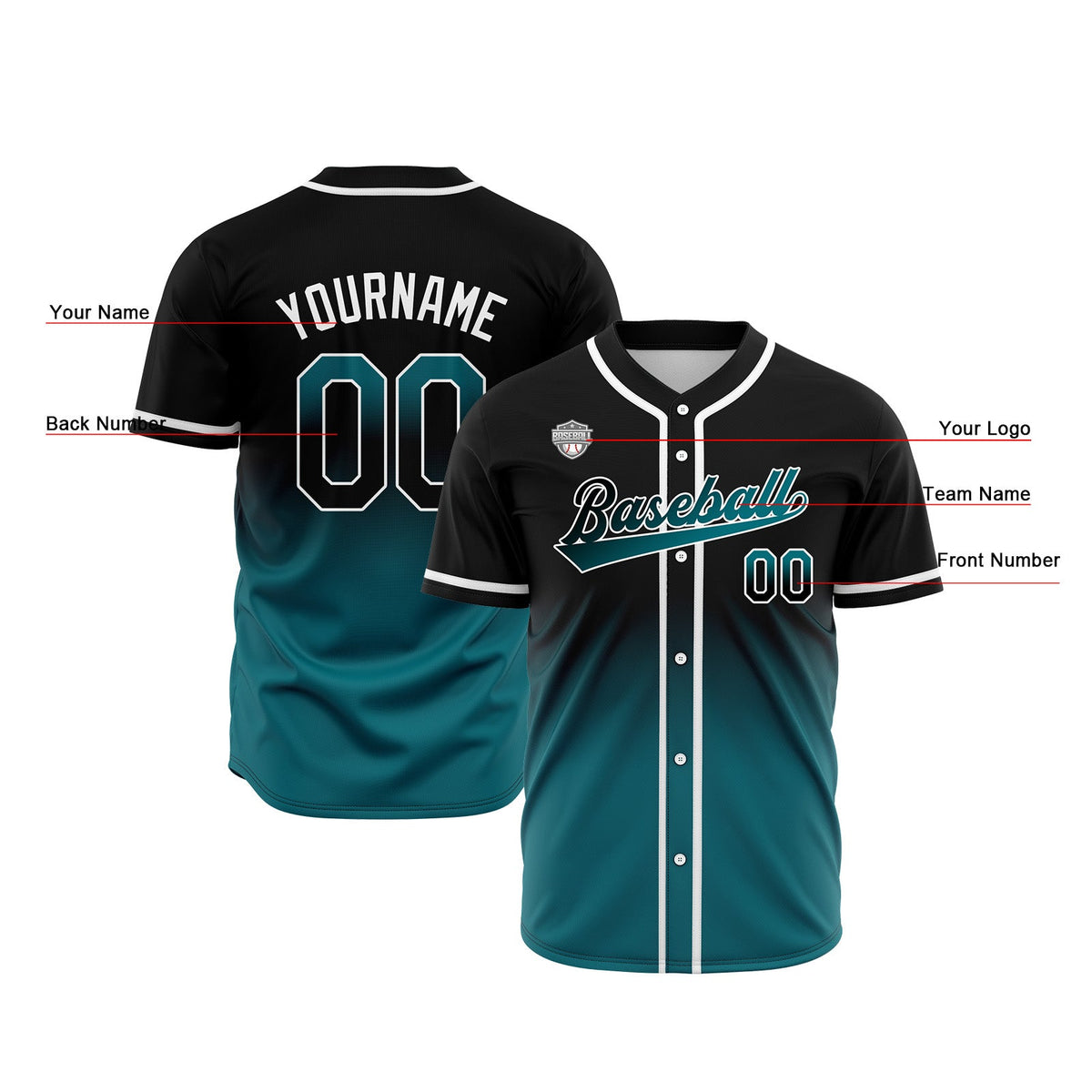 Camisetas de béisbol personalizadas con degradado nombre número y logotipo