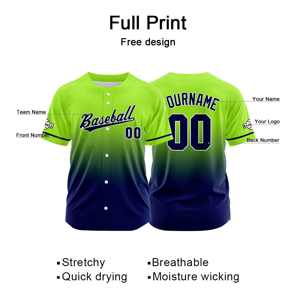 Dise?o personalizado de camiseta de béisbol con estampado completo en verde neón y azul marino