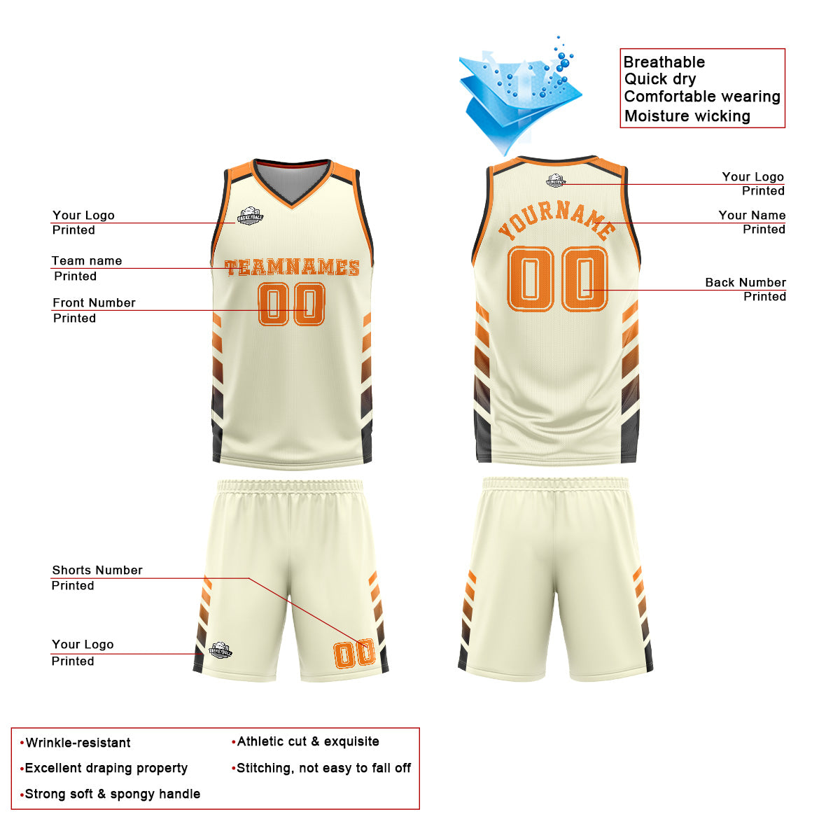 Uniforme de baloncesto personalizado color crema y naranja con tu logotipo-nombre y número impresos