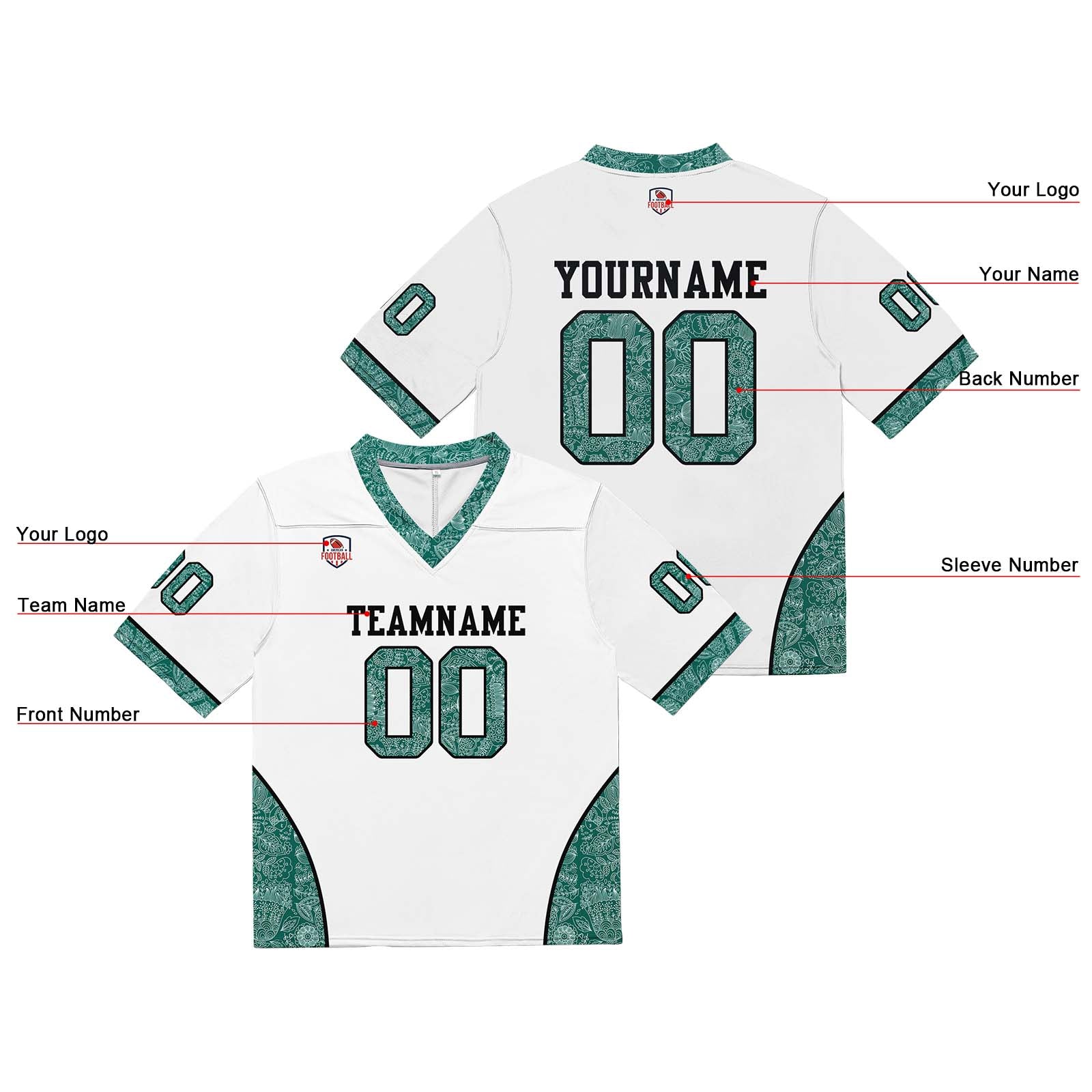 Camiseta de fútbol personalizada con nombre y número del equipo impresos y bordados-color blanco y verde