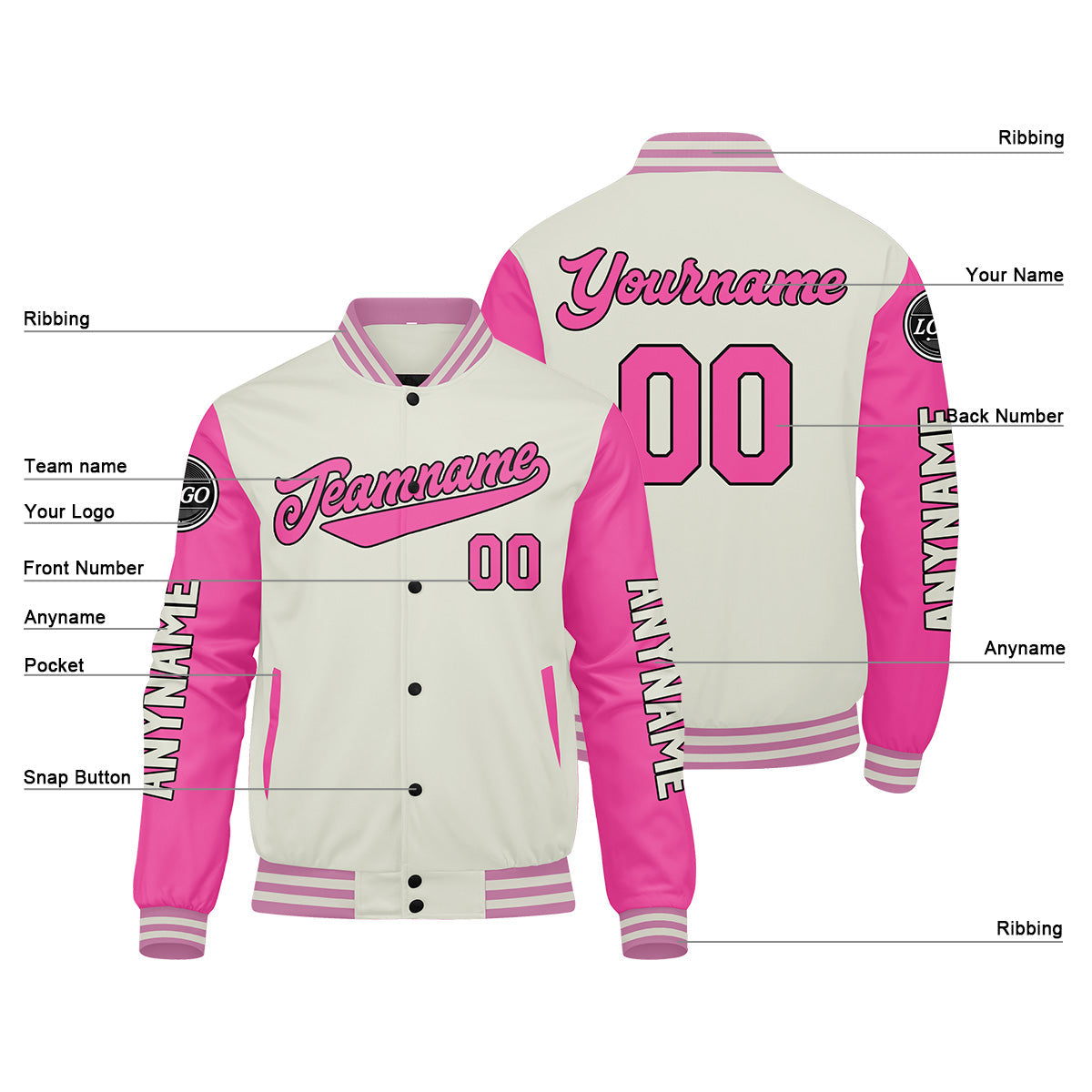 Chaquetas universitarias personalizadas color crema y rosa para hombres & mujeres y jóvenes & Chaquetas Letterman personalizadas