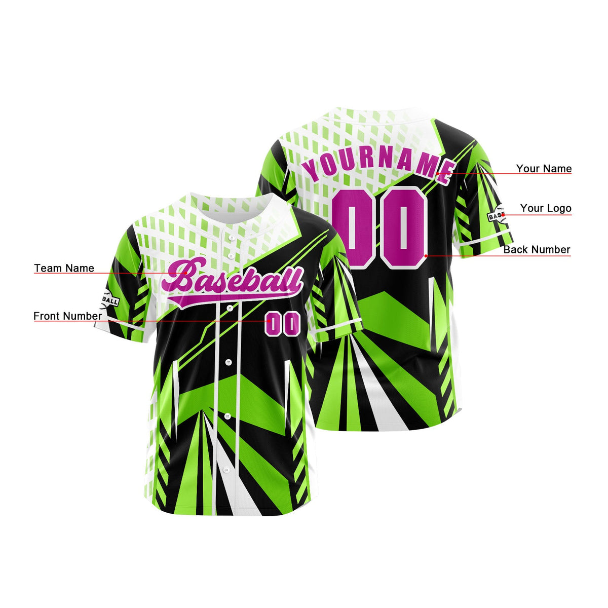 Camiseta de béisbol verde personalizada con botones para hombre mujer adulto y joven Nombre número y logotipo impresos