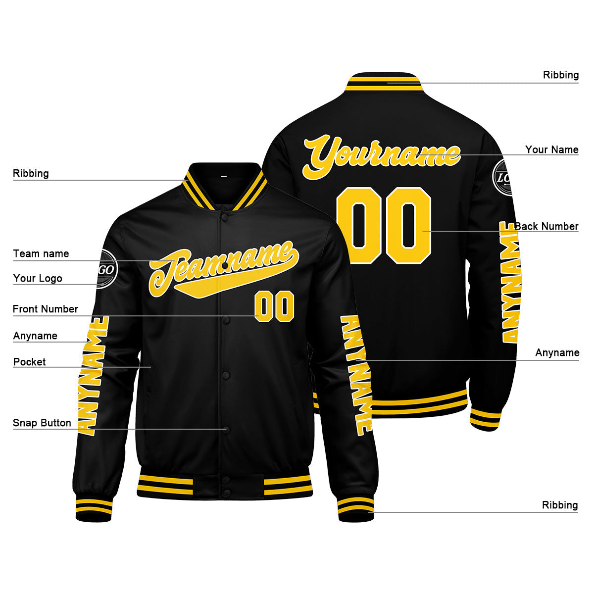 Chaquetas universitarias personalizadas negras y amarillas para hombres & mujeres y jóvenes & Chaquetas Letterman personalizadas