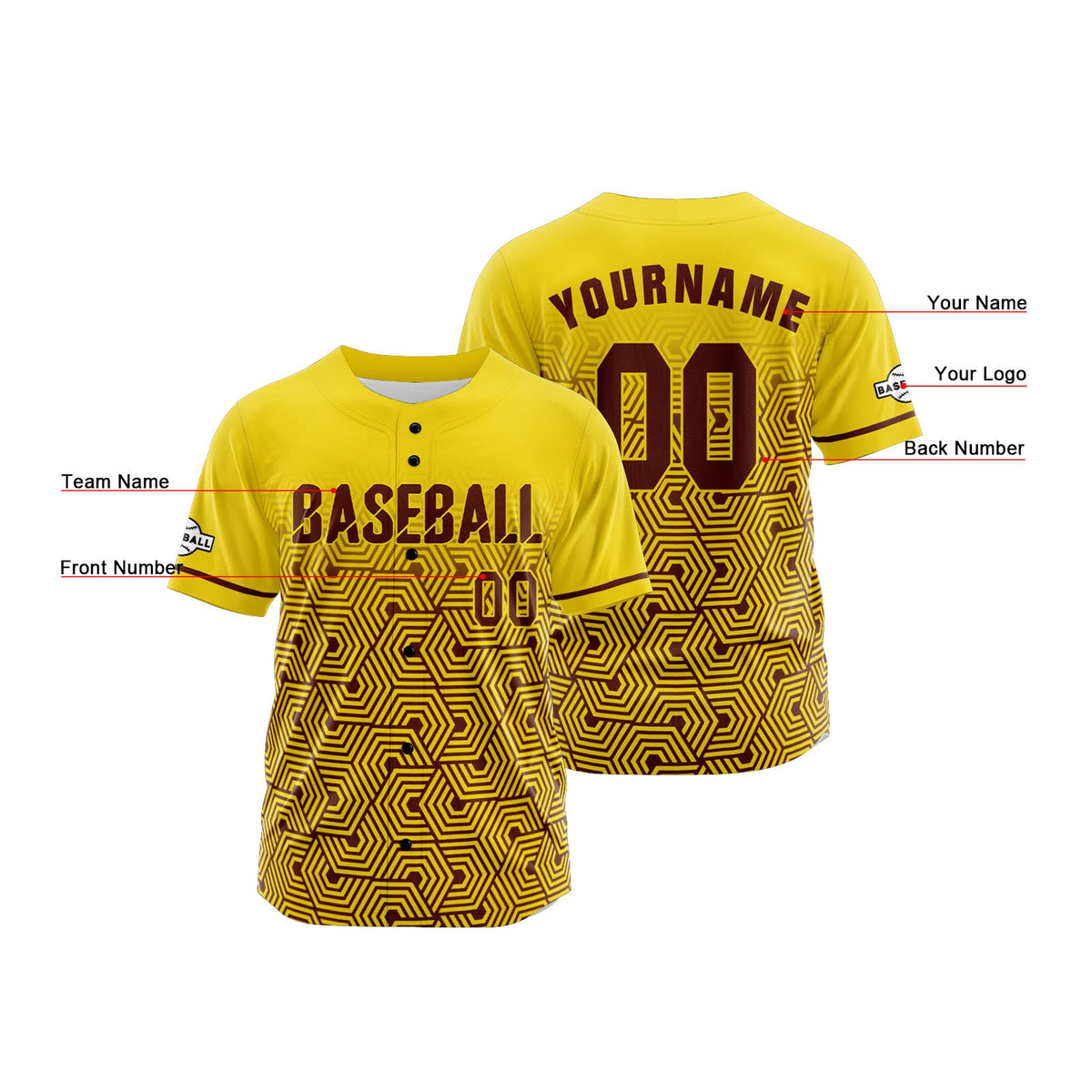 Camiseta de béisbol amarilla personalizada con botones para hombre mujer adulto y joven Estampado de nombre número y logotipo