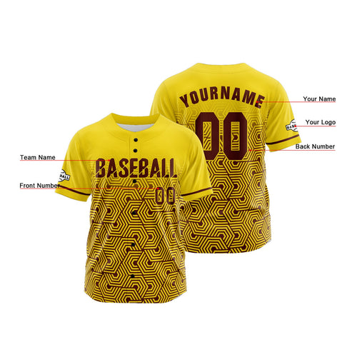 Camiseta de béisbol amarilla personalizada con botones para hombre mujer adulto y joven Estampado de nombre número y logotipo