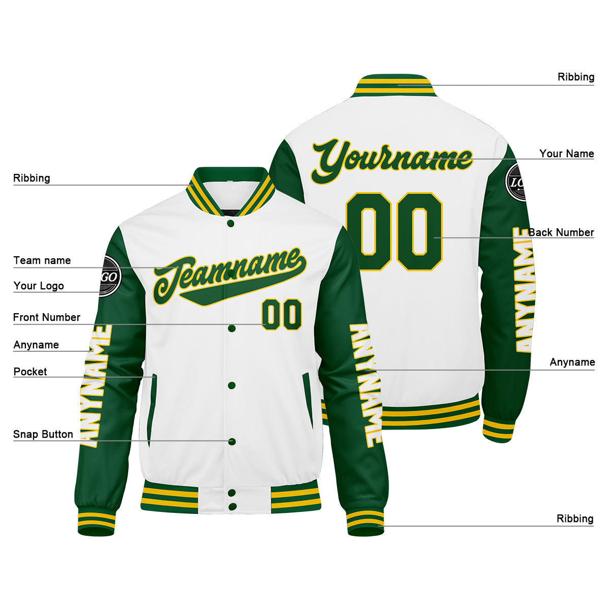 Chaquetas universitarias personalizadas en verde & amarillo y blanco para hombres & mujeres y jóvenes & Chaquetas Letterman personalizadas