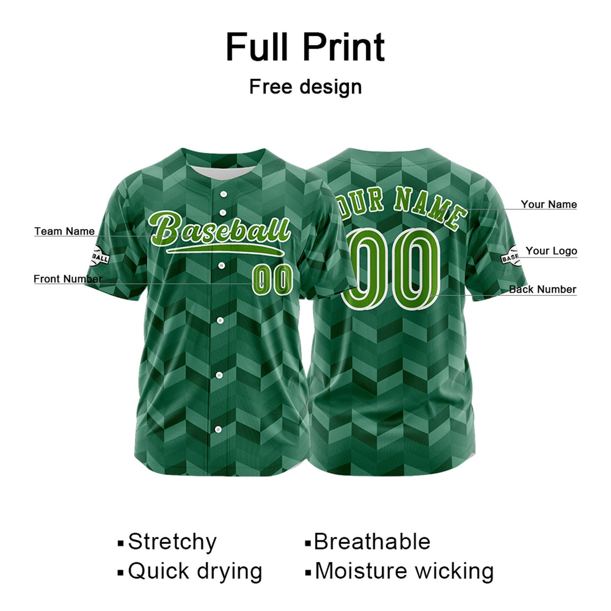 Camiseta de béisbol verde personalizada con botones para hombre mujer adulto y joven Nombre número y logotipo impresos