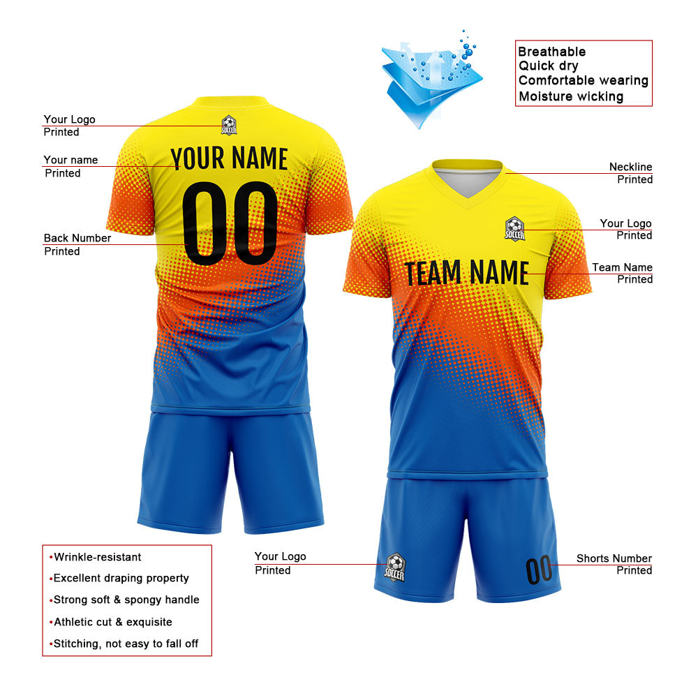 Uniforme de fútbol personalizado para niños y adultos Conjunto personalizado de camisetas azules & naranjas y amarillas