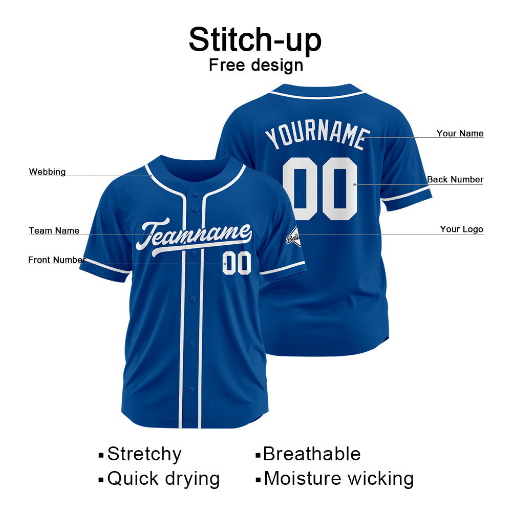 Camiseta de béisbol personalizada con diseño bordado & estilo hip hop & color azul rey y blanco