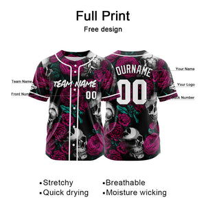 Camiseta de béisbol personalizada para hombres mujeres ni?os y jóvenes con bordado y estampado de calavera y rosa