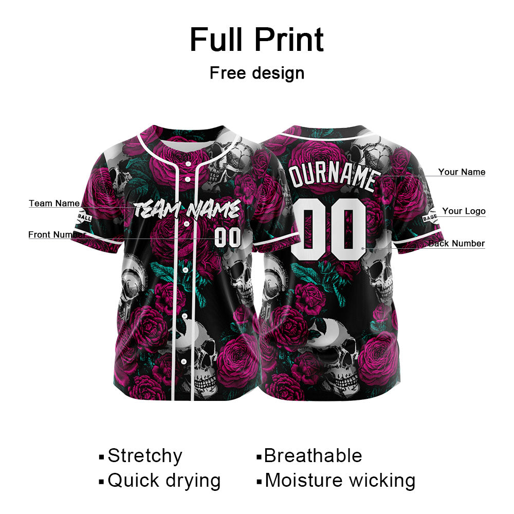 Camiseta de béisbol personalizada para hombres mujeres ni?os y jóvenes con bordado y estampado de calavera y rosa