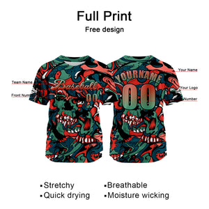 Camiseta de béisbol personalizada roja y verde con nombre número y logotipo personalizados