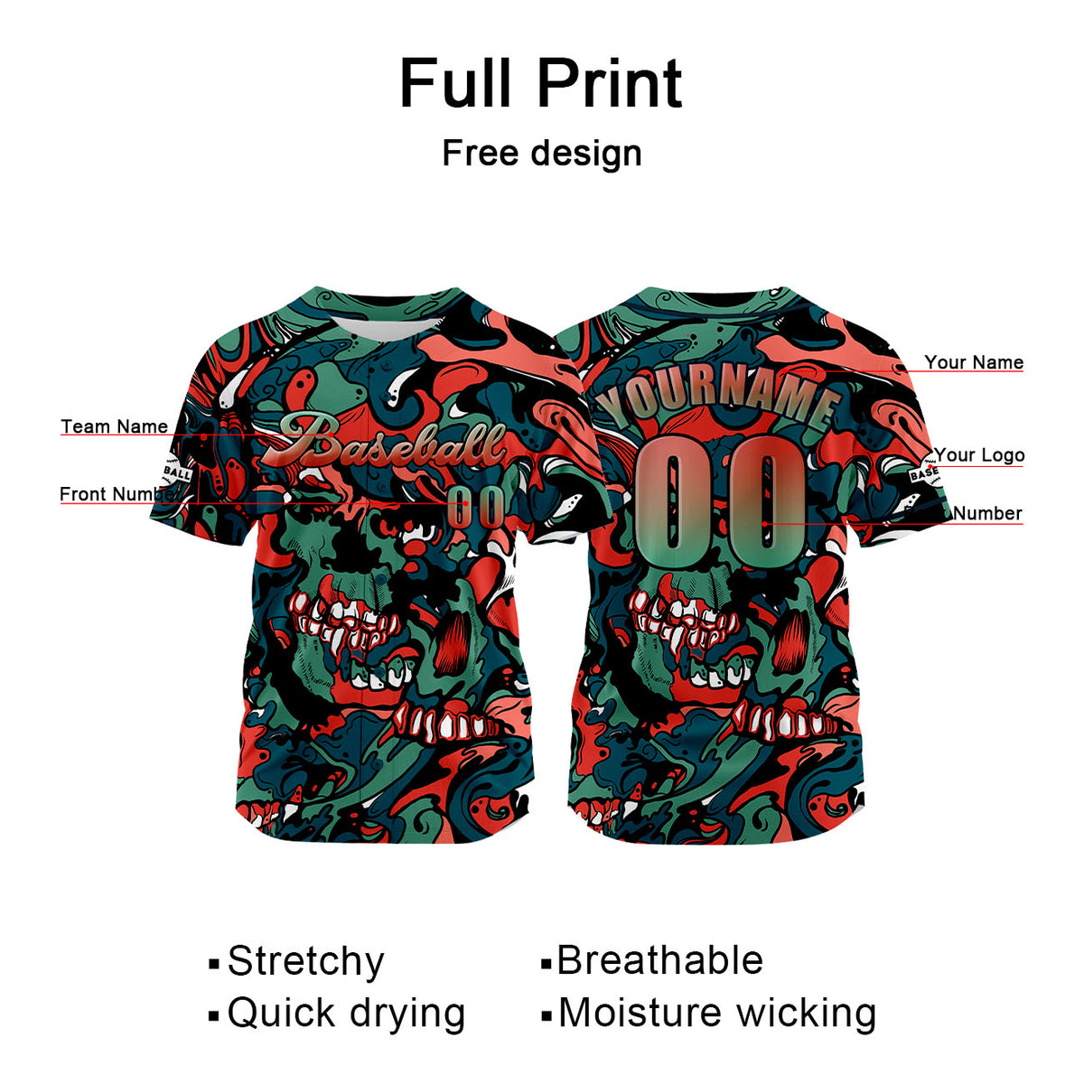 Camiseta de béisbol personalizada roja y verde con nombre número y logotipo personalizados