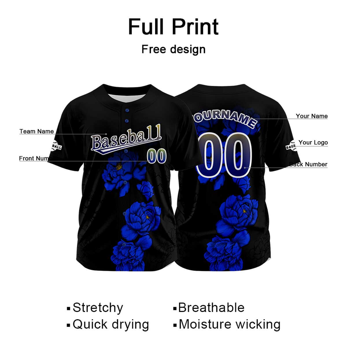 Camiseta de béisbol negra personalizada con nombre número y logotipo personalizados