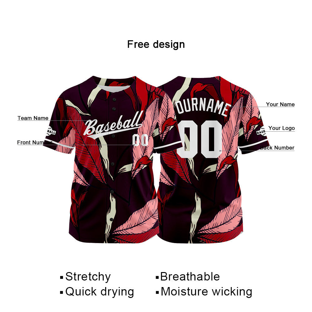 Camiseta de béisbol con dise?o personalizado estampado completo en rojo y negro