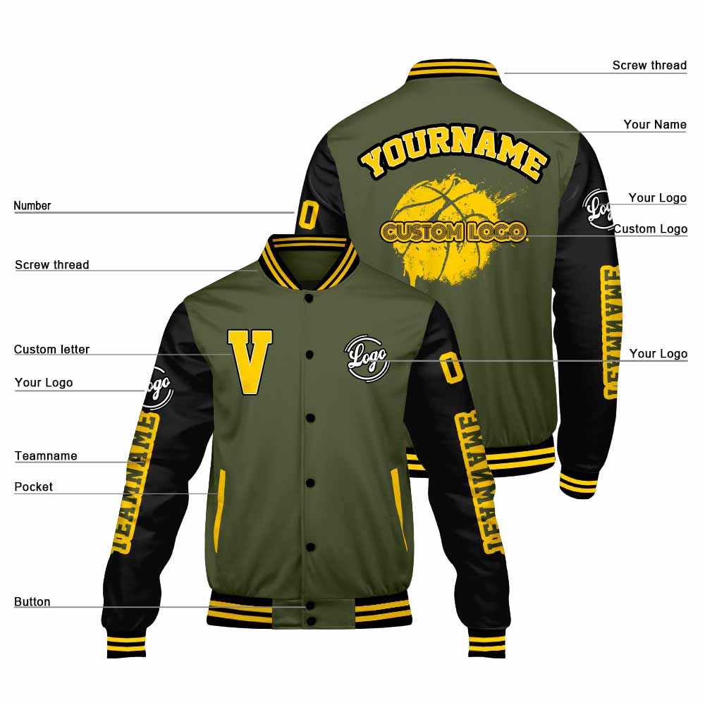 Chaquetas universitarias personalizadas en verde oliva y negro para hombres & mujeres y jóvenes & Chaquetas Letterman personalizadas