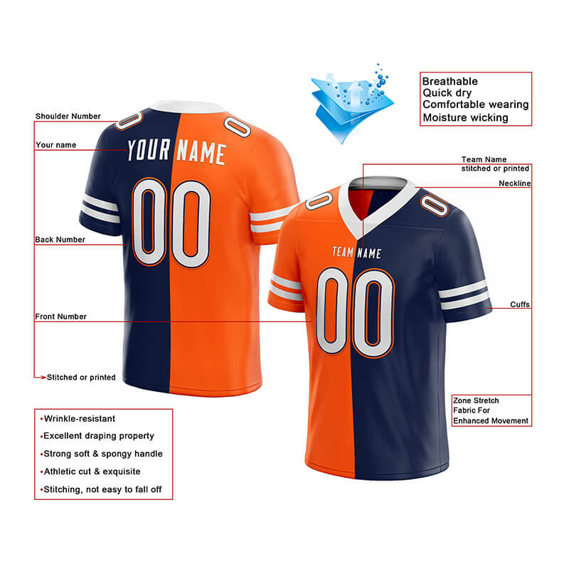 custom authentic split fashion football jersey orange-navy-white mesh