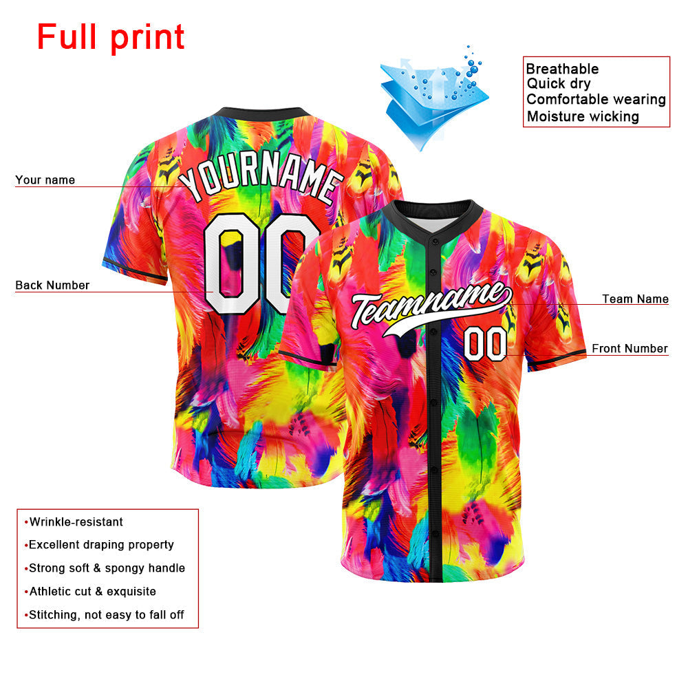 Dise?o personalizado de camiseta de béisbol con estampado completo y plumas coloridas