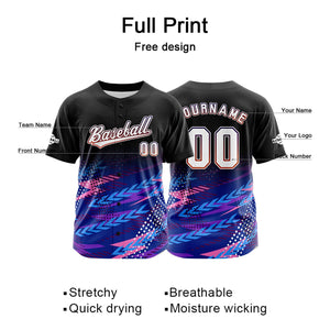 Camiseta de béisbol personalizada negra y azul con botones para hombre mujer adulto y joven Estampado de nombre número y logotipo