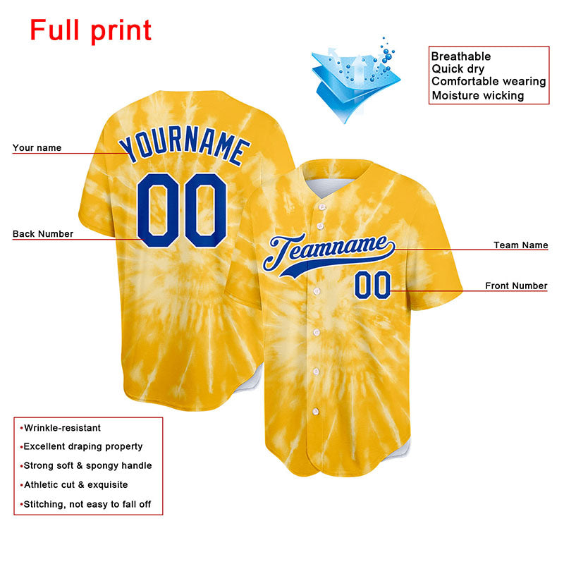 custom full print design authentic yellow tie-dyed baseball jersey