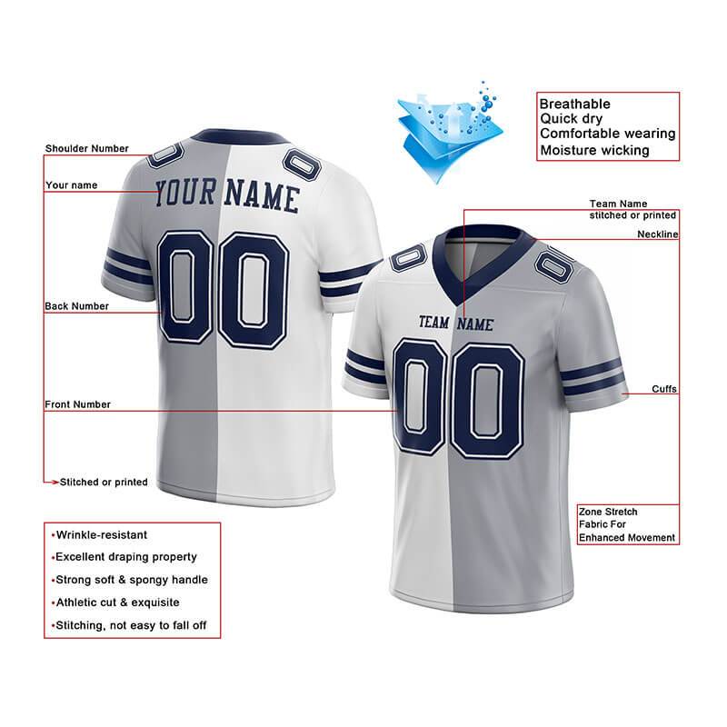 custom authentic split fashion football jersey gray-white-navy mesh
