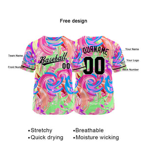 Dise?o personalizado de camiseta de béisbol con estampado completo en verde rosa y morado