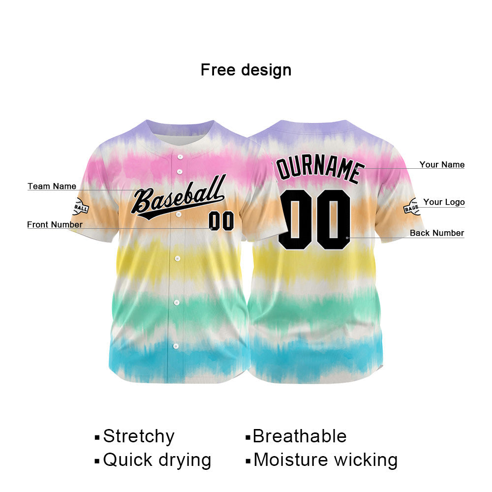 Dise?o personalizado de camiseta de béisbol con estampado completo en amarillo rosa y aguamarina