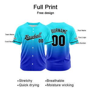 Camiseta de béisbol con dise?o personalizado de estampado completo en azul claro y azul
