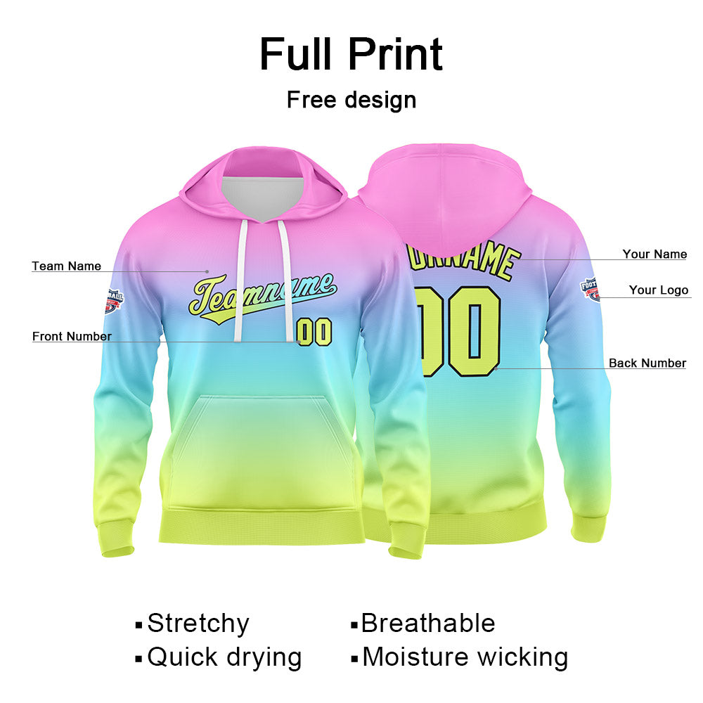 Sudadera con capucha personalizada con degradado para hombre-mujer-niña o niño Estampa tu logotipo-nombre o número en rosa-azul o amarillo