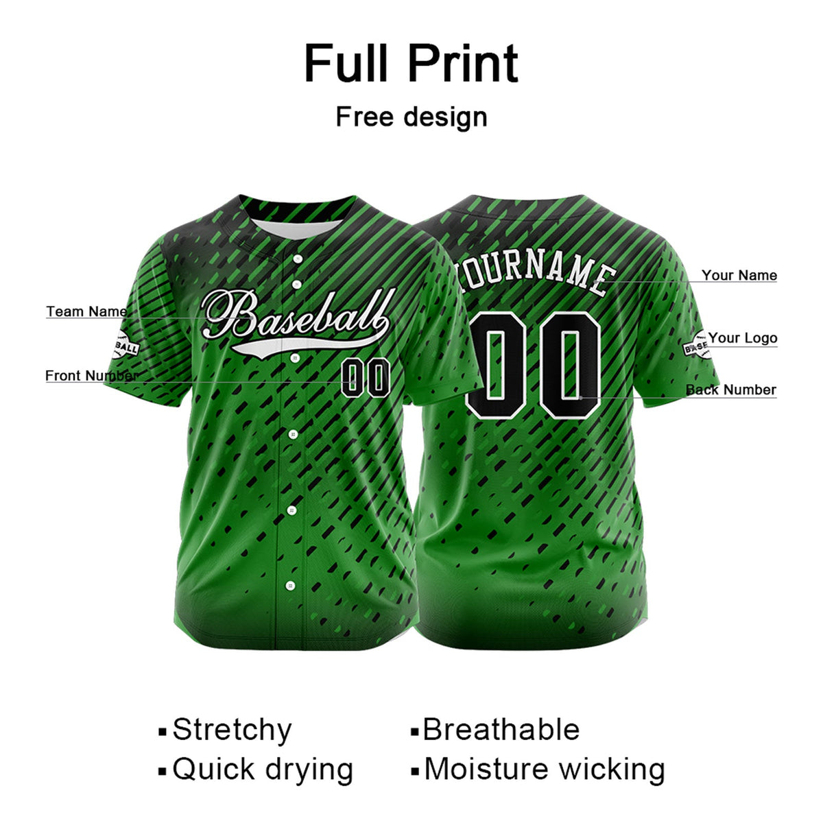 Camiseta de béisbol verde personalizada con botones para hombre mujer adulto y joven Nombre número y logotipo impresos