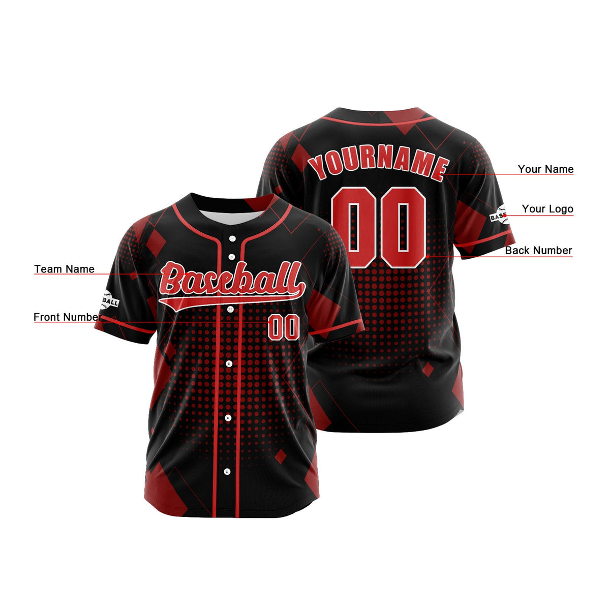 Camiseta de béisbol personalizada negra y roja con botones para hombre mujer adulto y joven Estampado de nombre número y logotipo