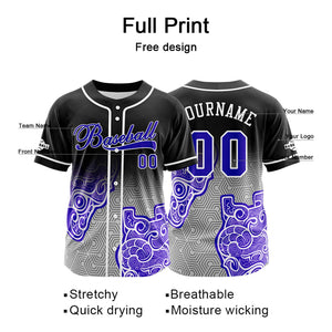 Camiseta de béisbol personalizada negra y morada con botones para hombre mujer adulto y joven con nombre número y logotipo impresos