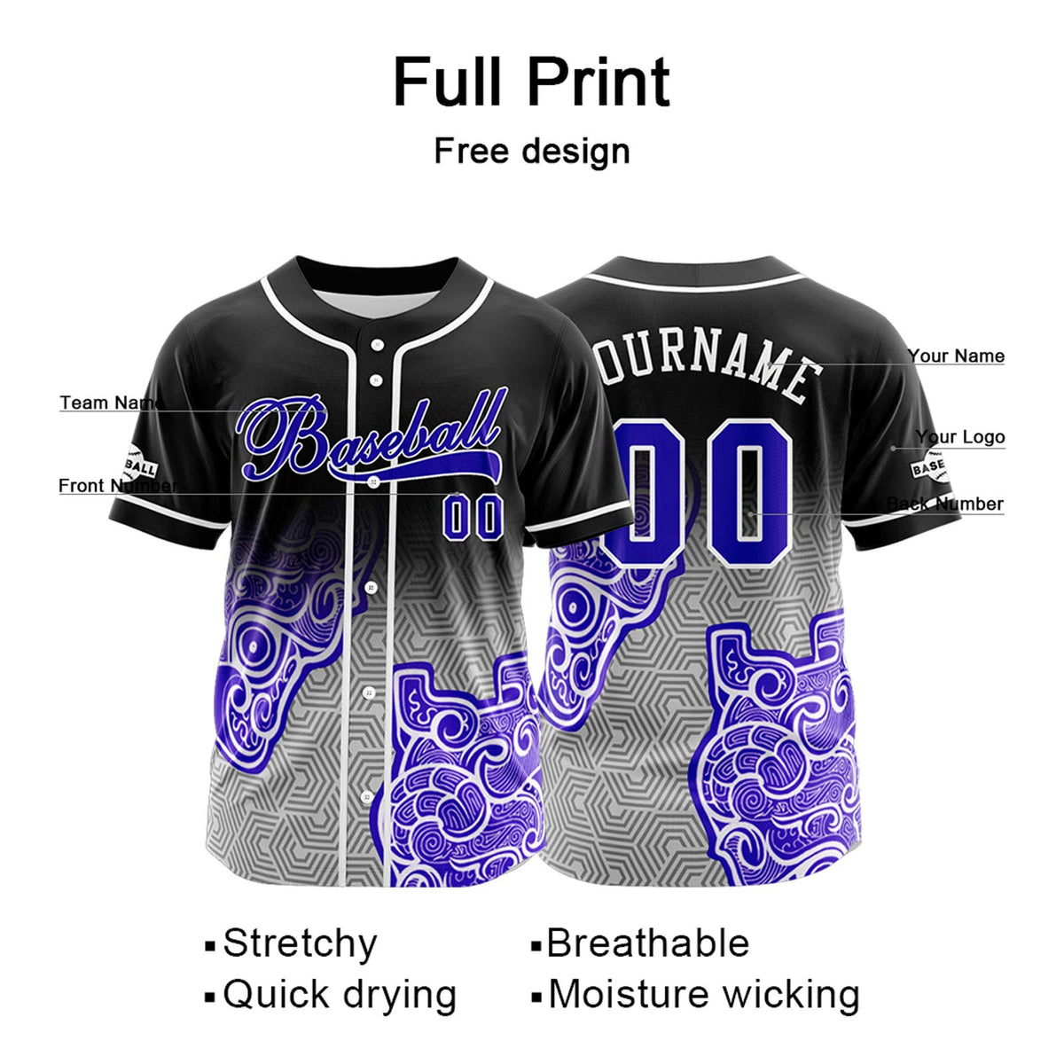 Camiseta de béisbol personalizada negra y morada con botones para hombre mujer adulto y joven con nombre número y logotipo impresos