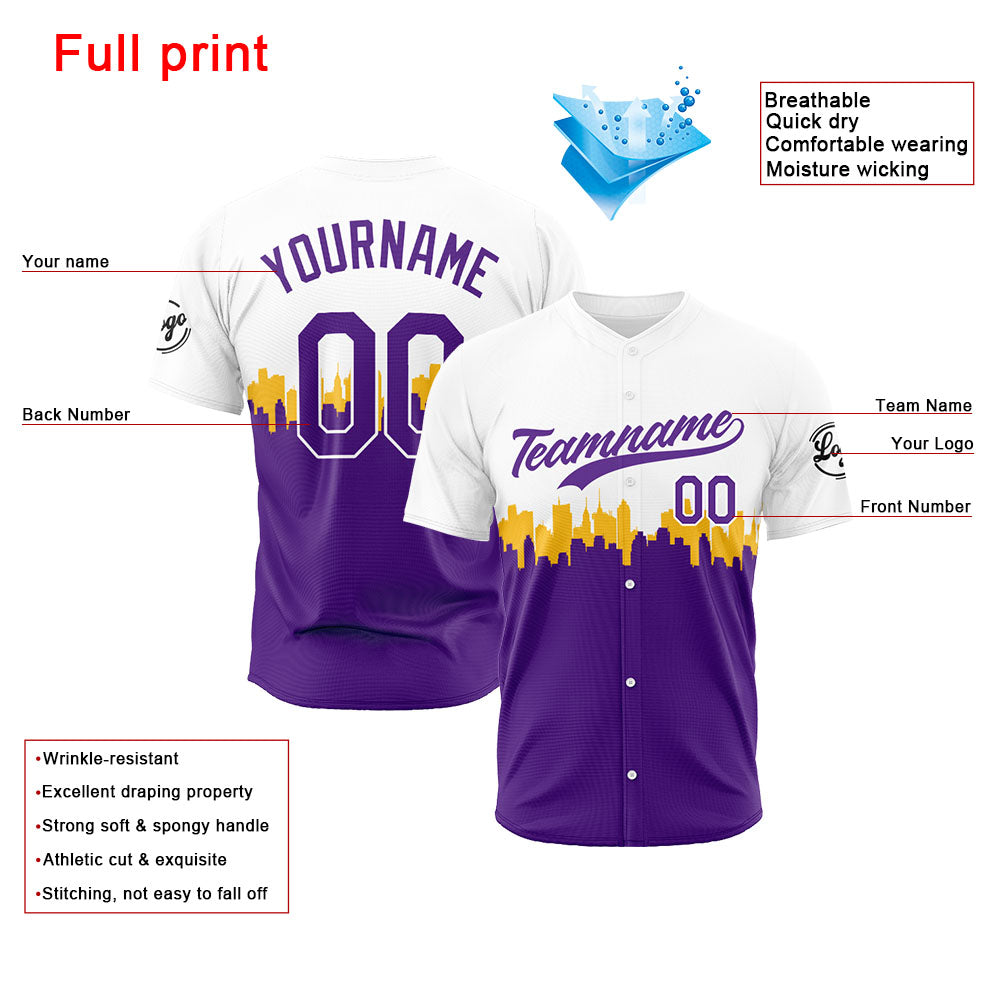 Camiseta de béisbol con dise?o personalizado estampado completo color morado y blanco