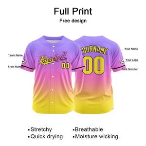 Dise?o personalizado de camiseta de béisbol con estampado completo en amarillo rosa y morado