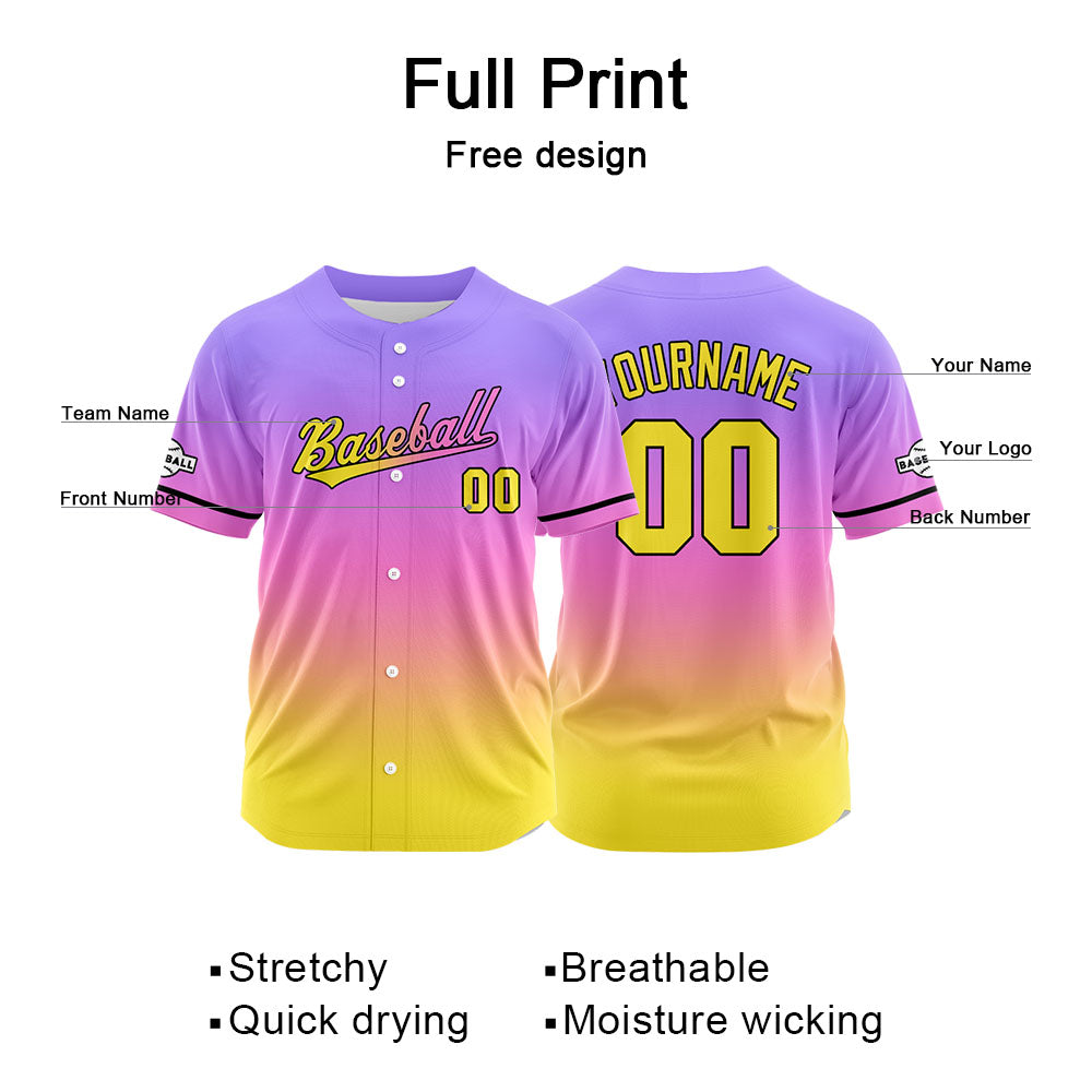 Dise?o personalizado de camiseta de béisbol con estampado completo en amarillo rosa y morado