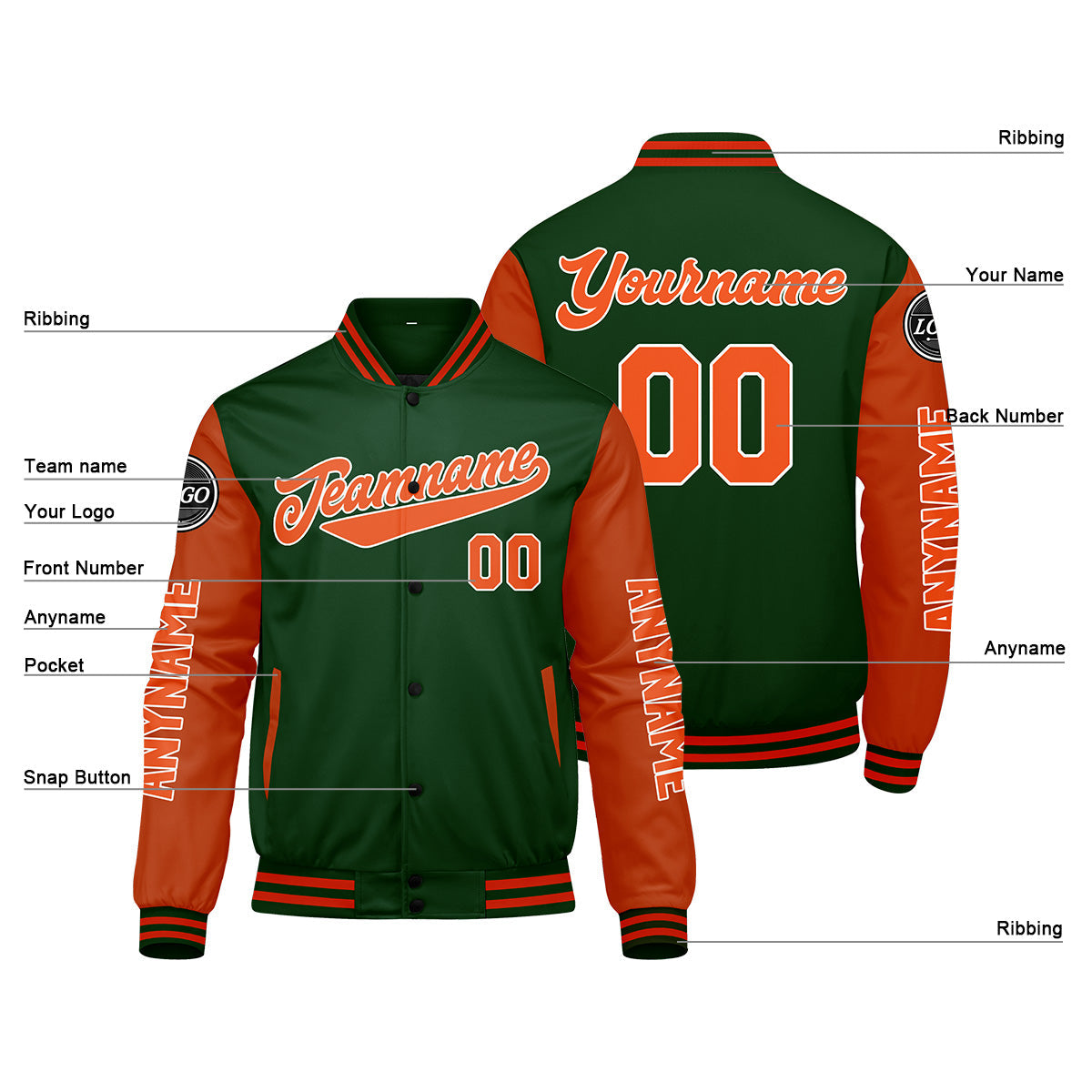 Chaquetas universitarias personalizadas de color verde oscuro y naranja para hombres & mujeres y jóvenes & Chaquetas Letterman personalizadas
