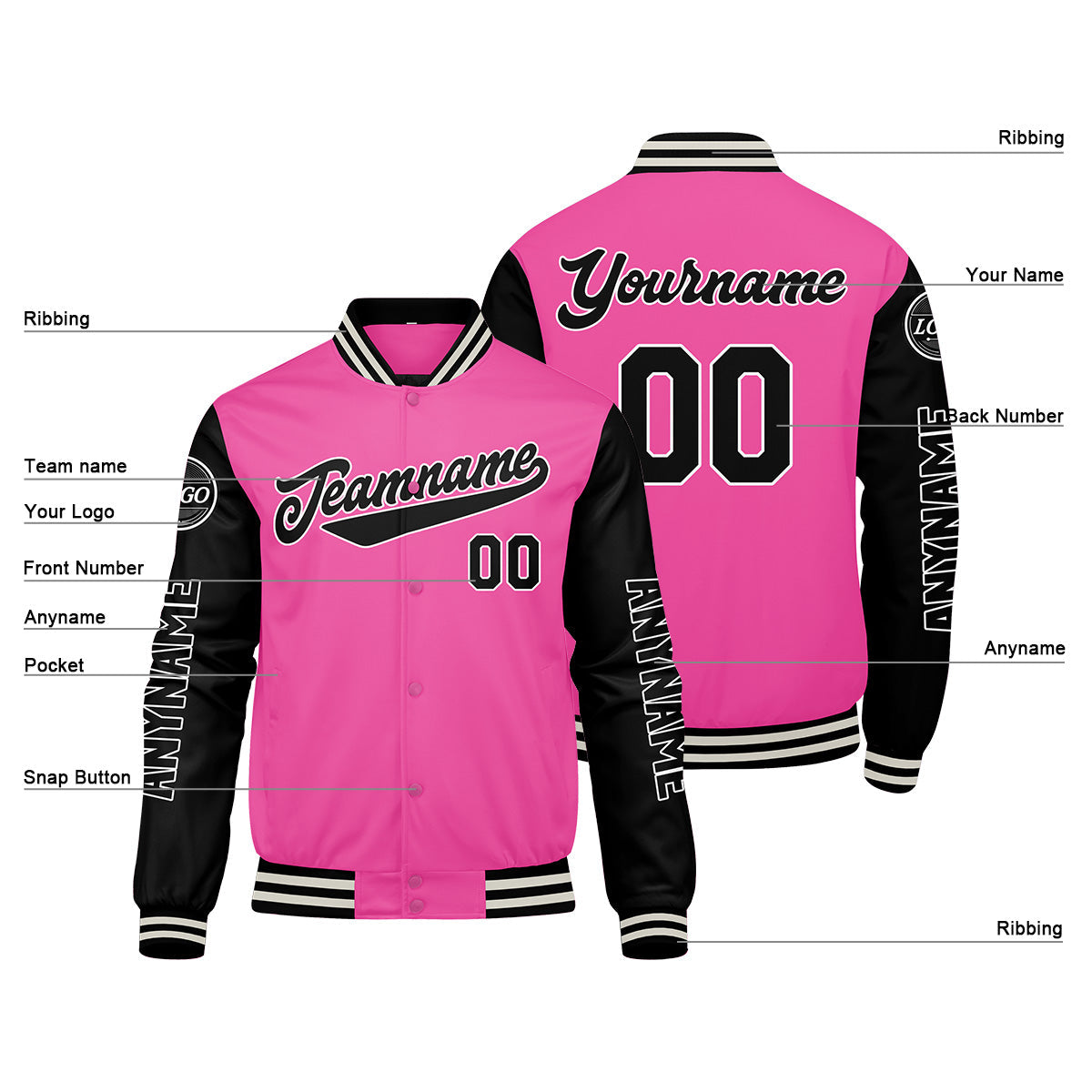 Chaquetas universitarias personalizadas en rosa y negro para hombres & mujeres y jóvenes & Chaquetas Letterman personalizadas