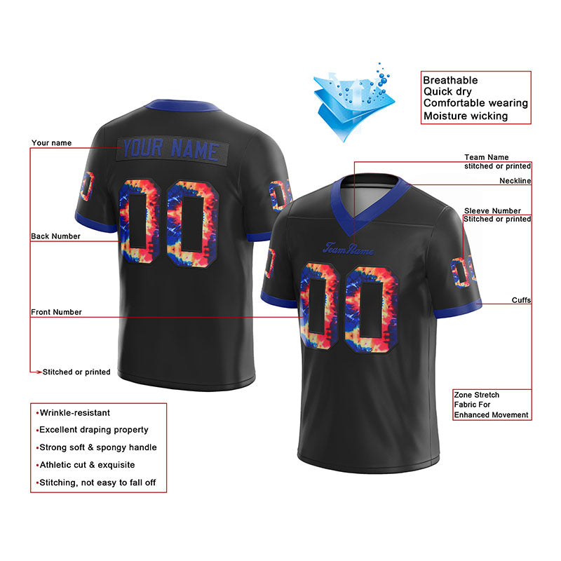 customized authentic tie dye football jersey black-royal mesh