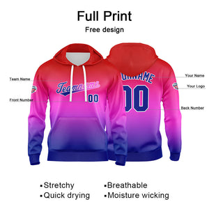 Sudadera con capucha personalizada con degradado para hombre-mujer-niña o niño Estampa tu logotipo-nombre o número en rojo-morado y azul
