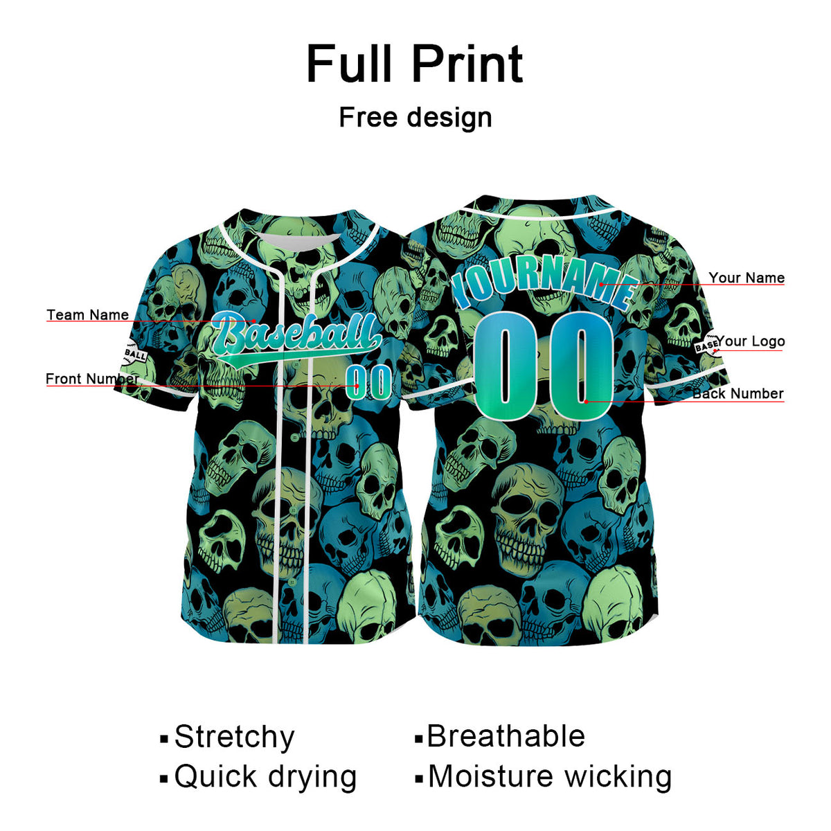 Camiseta de béisbol personalizada verde y azul con nombre número y logotipo personalizados
