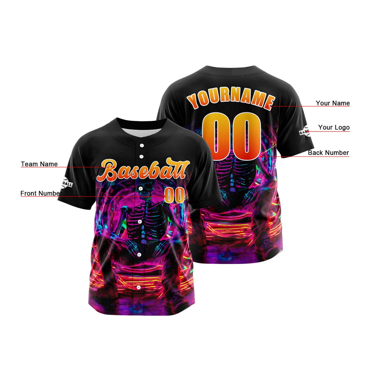 Camiseta de béisbol personalizada negra y naranja con botones para hombre mujer adulto y joven Estampado de nombre número y logotipo