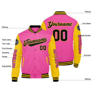 Chaquetas universitarias personalizadas en rosa & amarillo y negro para hombres & mujeres y jóvenes & Chaquetas tipo Letterman personalizadas