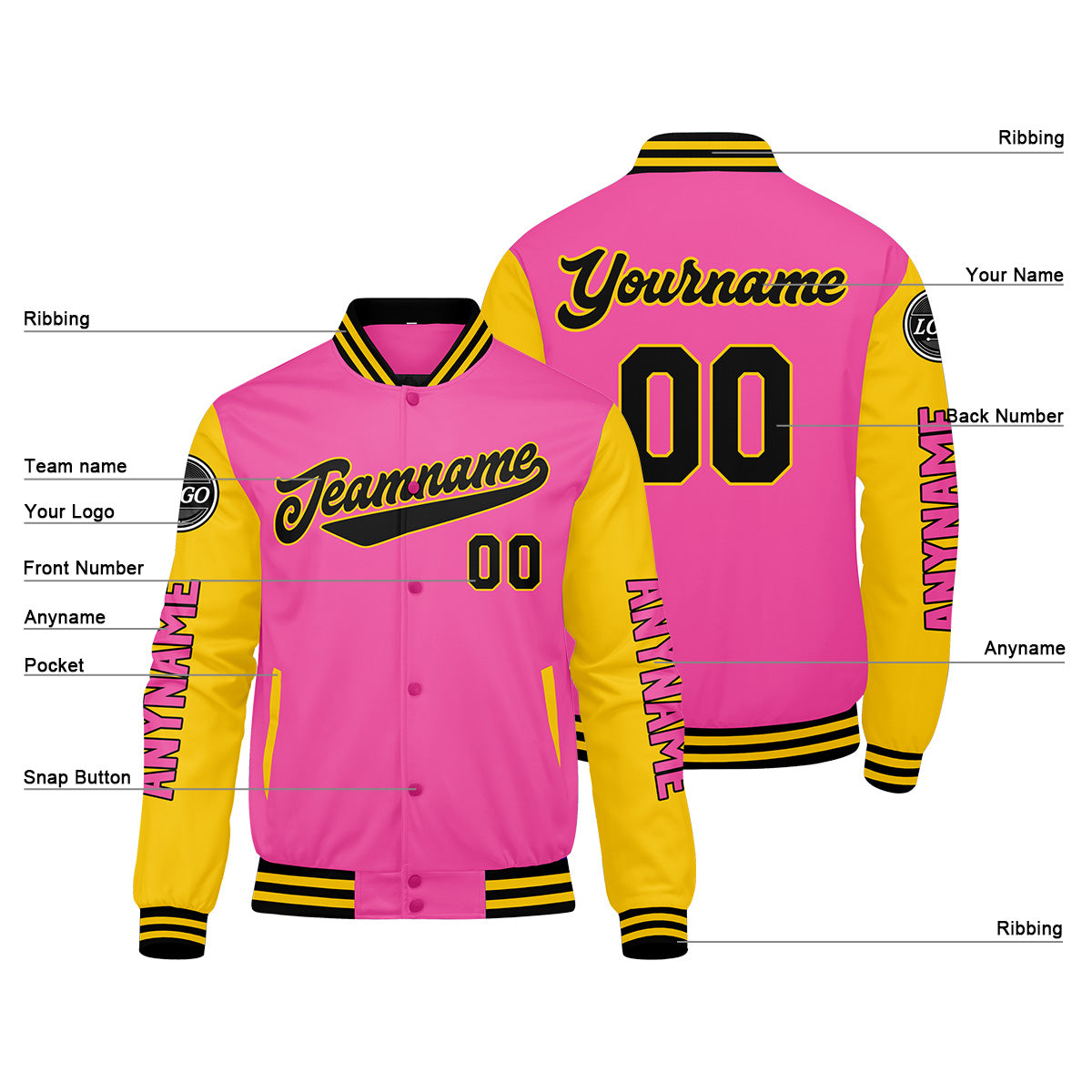 Chaquetas universitarias personalizadas en rosa & amarillo y negro para hombres & mujeres y jóvenes & Chaquetas tipo Letterman personalizadas