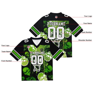 Camiseta de fútbol personalizada con nombre y número del equipo impresos y bordados-estilo grafiti con calavera verde