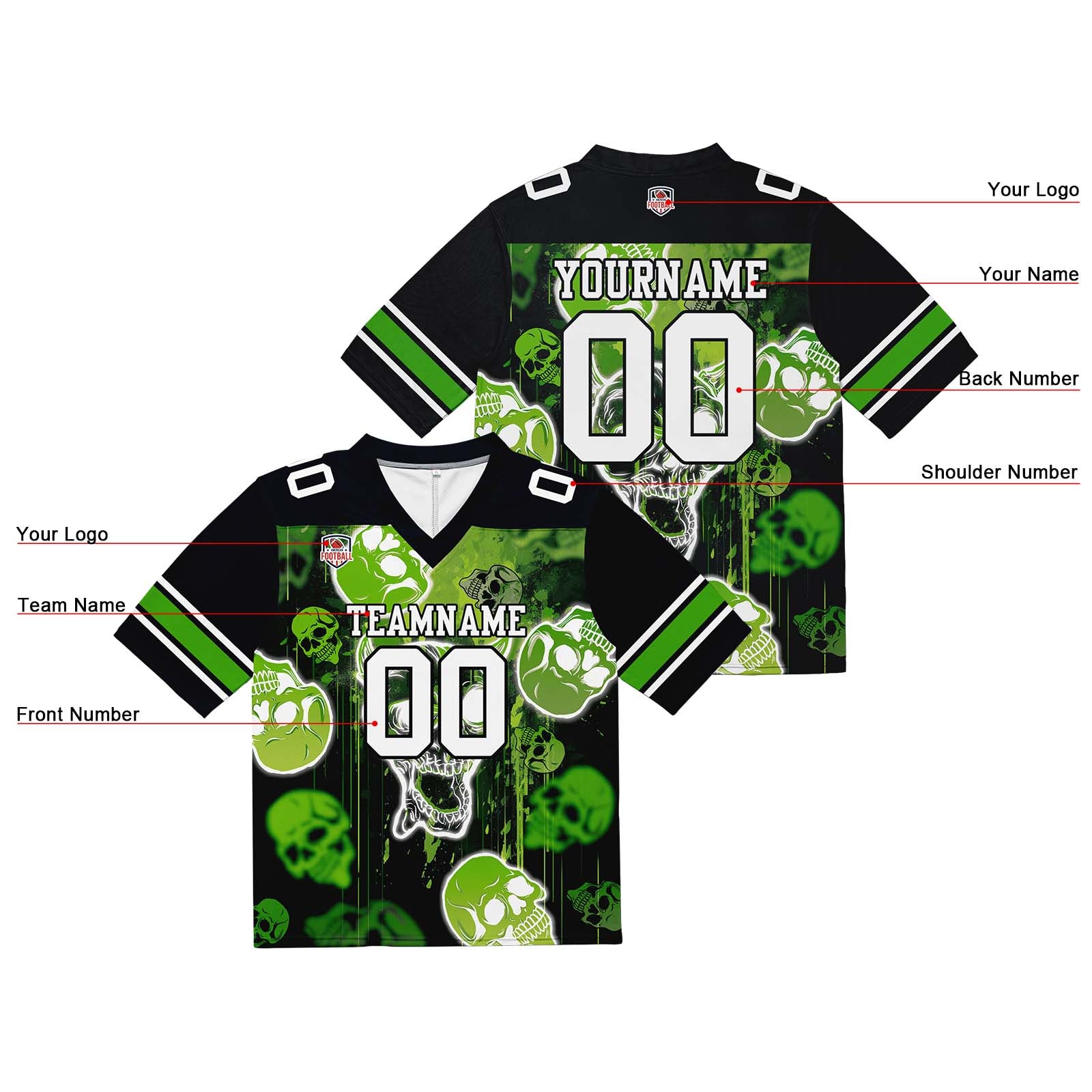 Camiseta de fútbol personalizada con nombre y número del equipo impresos y bordados-estilo grafiti con calavera verde