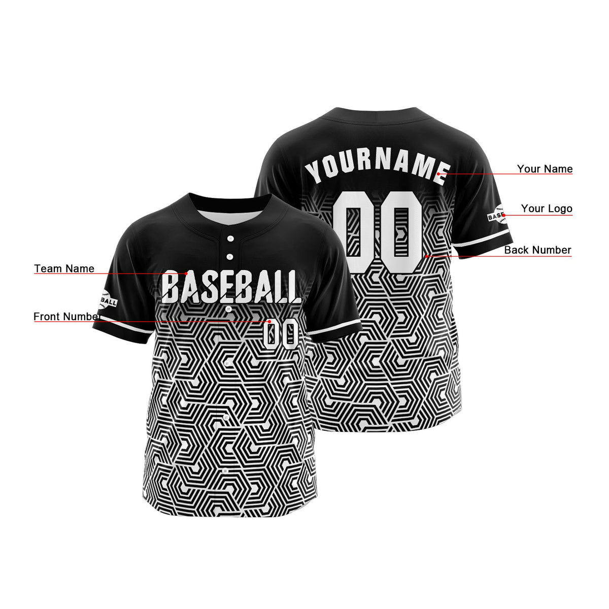 Camiseta de béisbol personalizada negra y gris con botones para hombre mujer adulto y joven Estampado de nombre número y logotipo