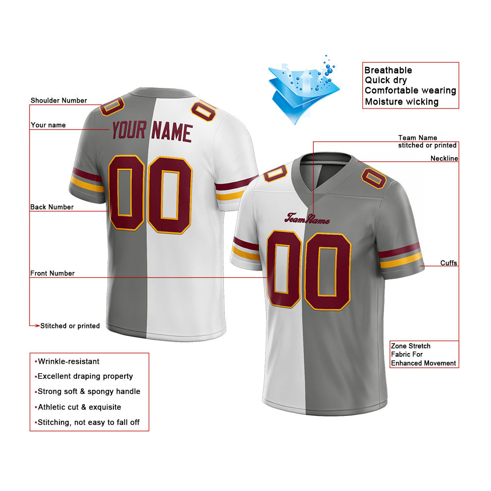 custom authentic split fashion football jersey gray-white-burgundy mesh